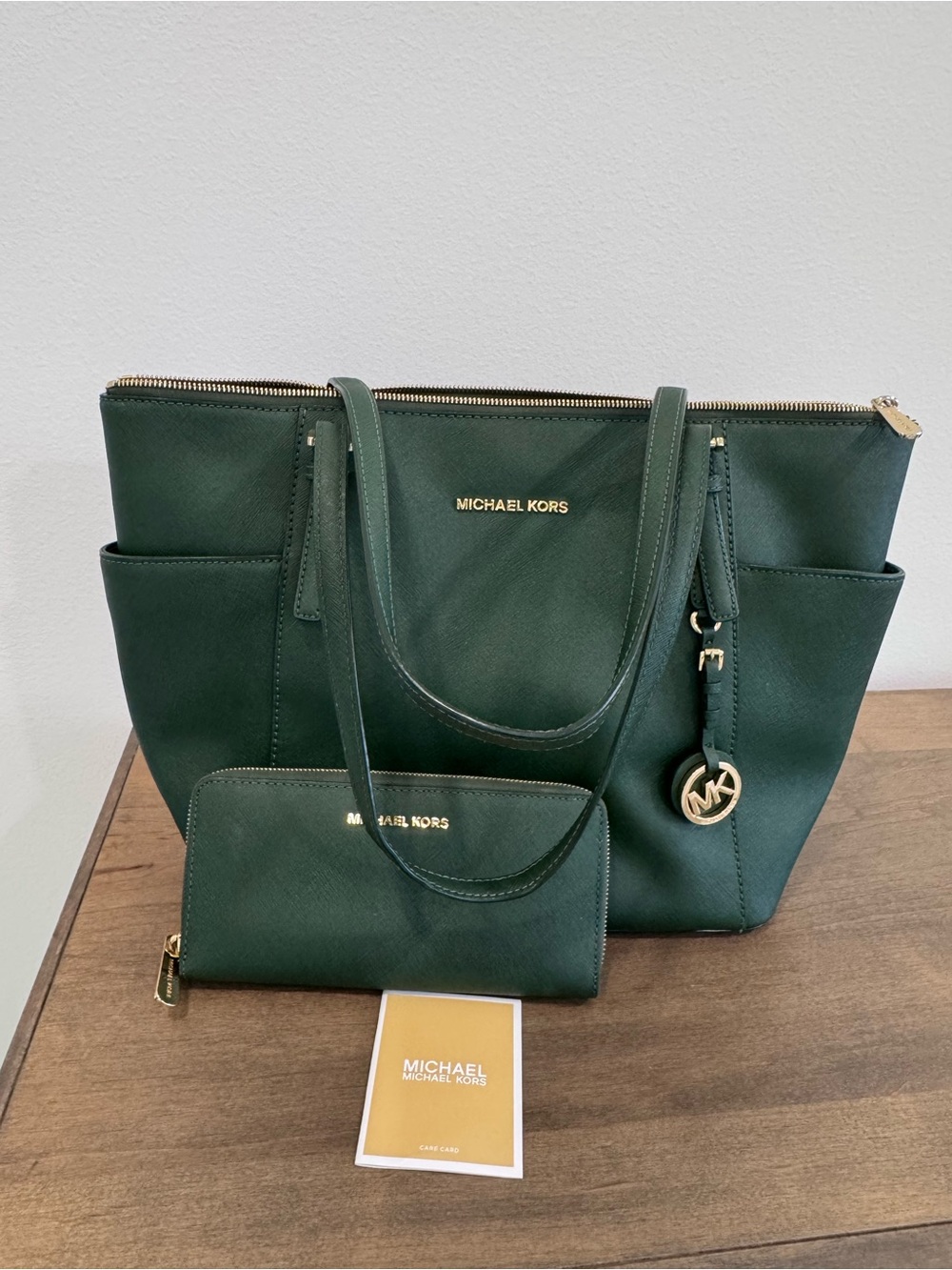 Michael Kors Forest Green Saffiano Leather Tote with Matching Wallet
